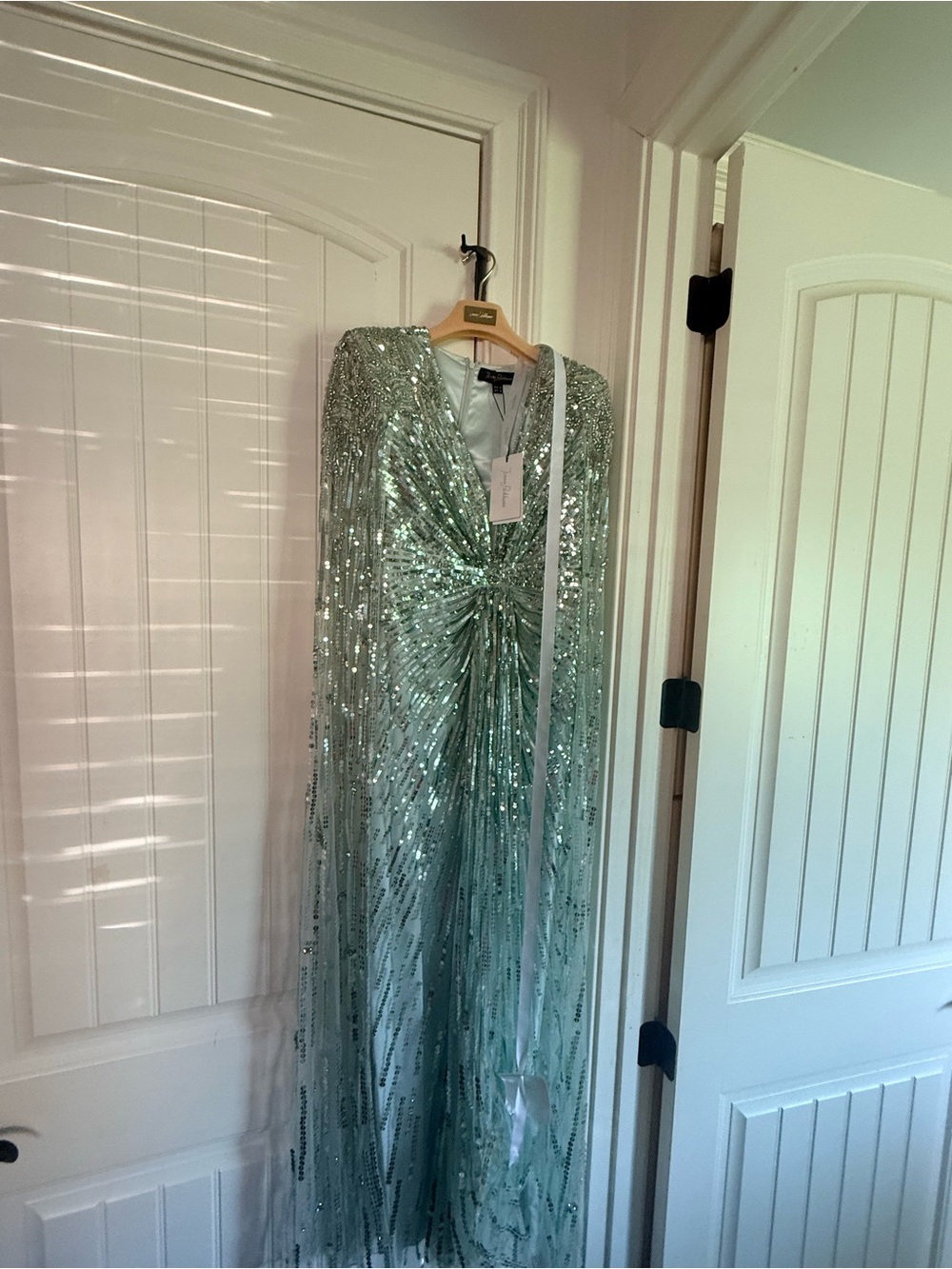 Jenny Packham Mint Green Sequin Draped Evening Gown - Picture 5 of 13